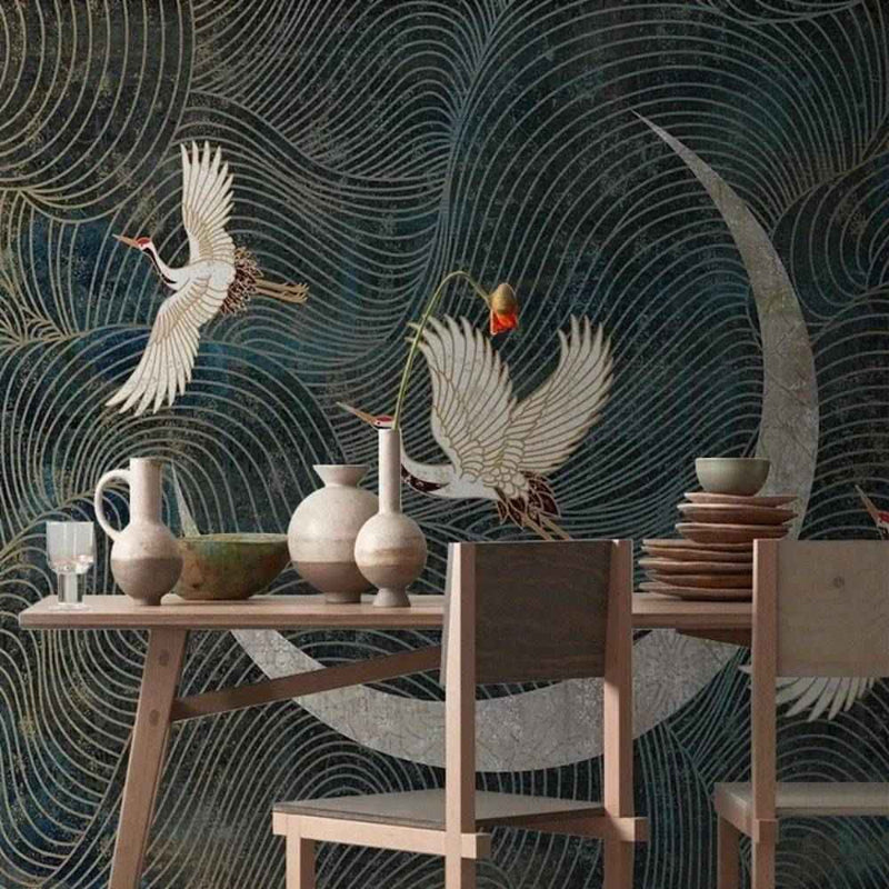 Papier peint tapisserie japonais grues et lune sur fond bleu nuit — intissé mat premium