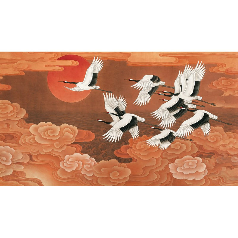 Papier peint tapisserie grues et soleil levant — autocollant