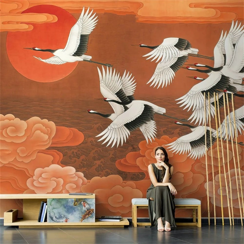 Papier peint tapisserie grues et soleil levant — intissé mat premium