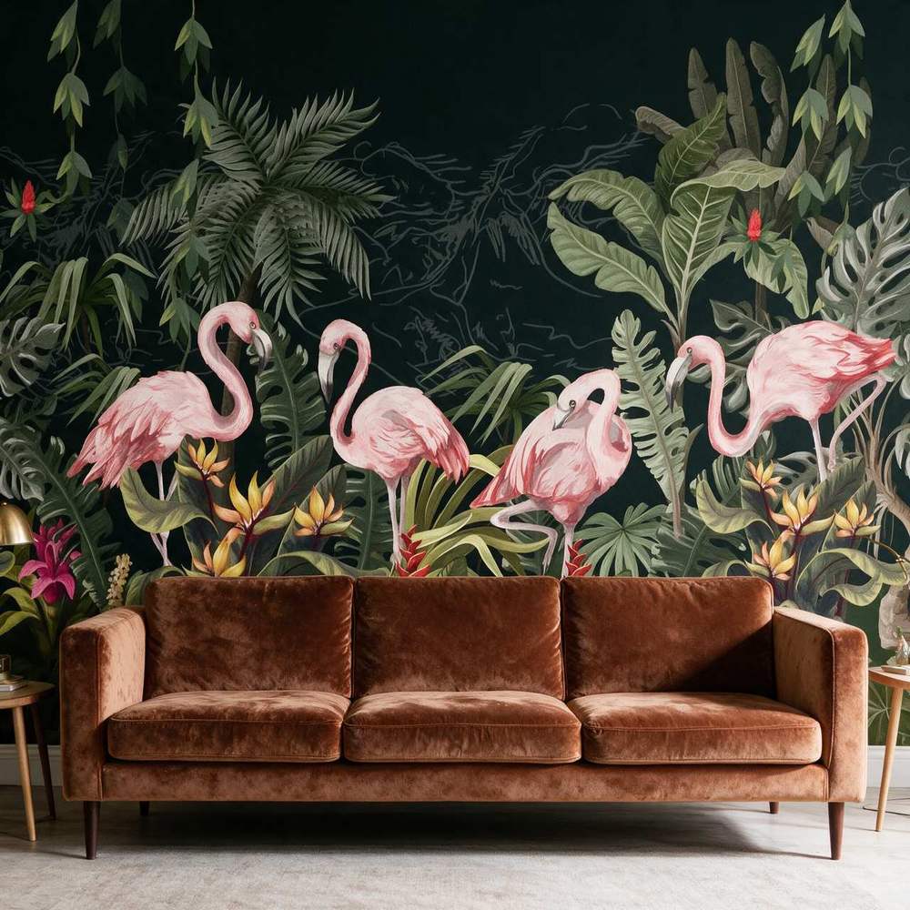 Papier peint tapisserie jungle et flamants roses exotique - Papierpeint - panoramique.fr