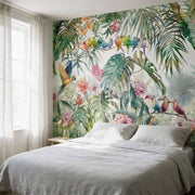 Papier peint tapisserie jungle avec perroquets et feuillages - Papierpeint - panoramique.fr