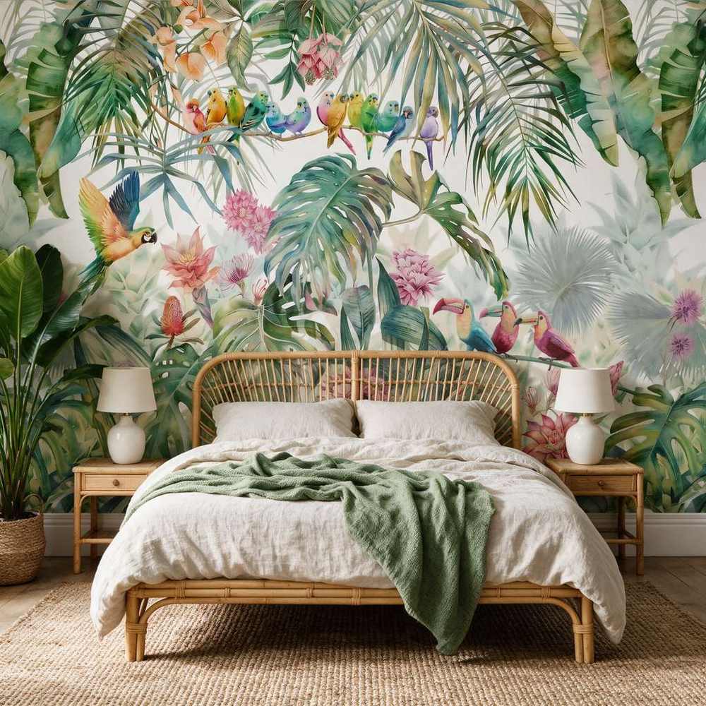 Papier peint tapisserie jungle avec perroquets et feuillages - Papierpeint - panoramique.fr