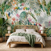 Papier peint tapisserie jungle avec perroquets et feuillages - Papierpeint - panoramique.fr