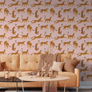 Papier peint tapisserie léopard rose sur fond rose seventies - Papierpeint - panoramique.fr