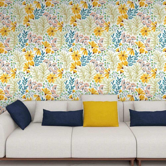 Papier peint tapisserie liberty jaune et bleu - Papierpeint - panoramique.fr
