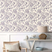 Papier peint tapisserie liberty violet roses et oiseaux - Papierpeint - panoramique.fr