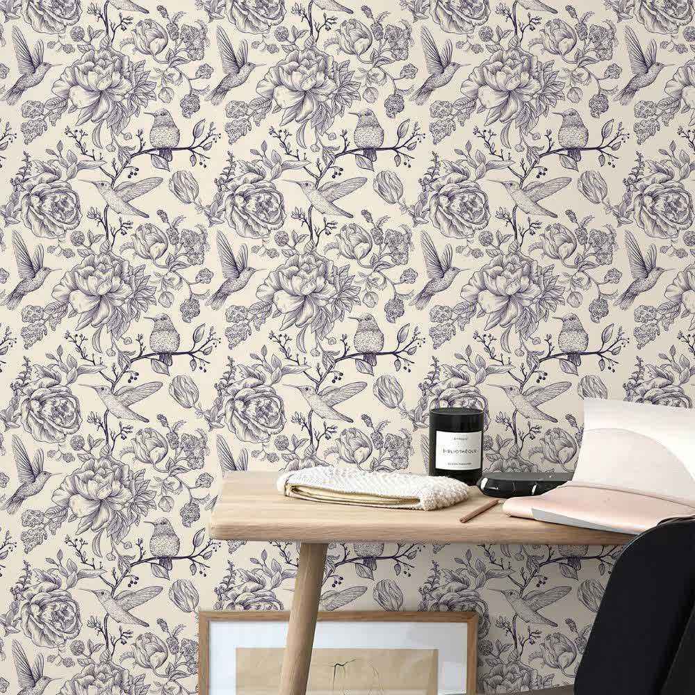 Papier peint tapisserie liberty violet roses et oiseaux - Papierpeint - panoramique.fr