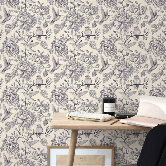 Papier peint tapisserie liberty violet roses et oiseaux - Papierpeint - panoramique.fr