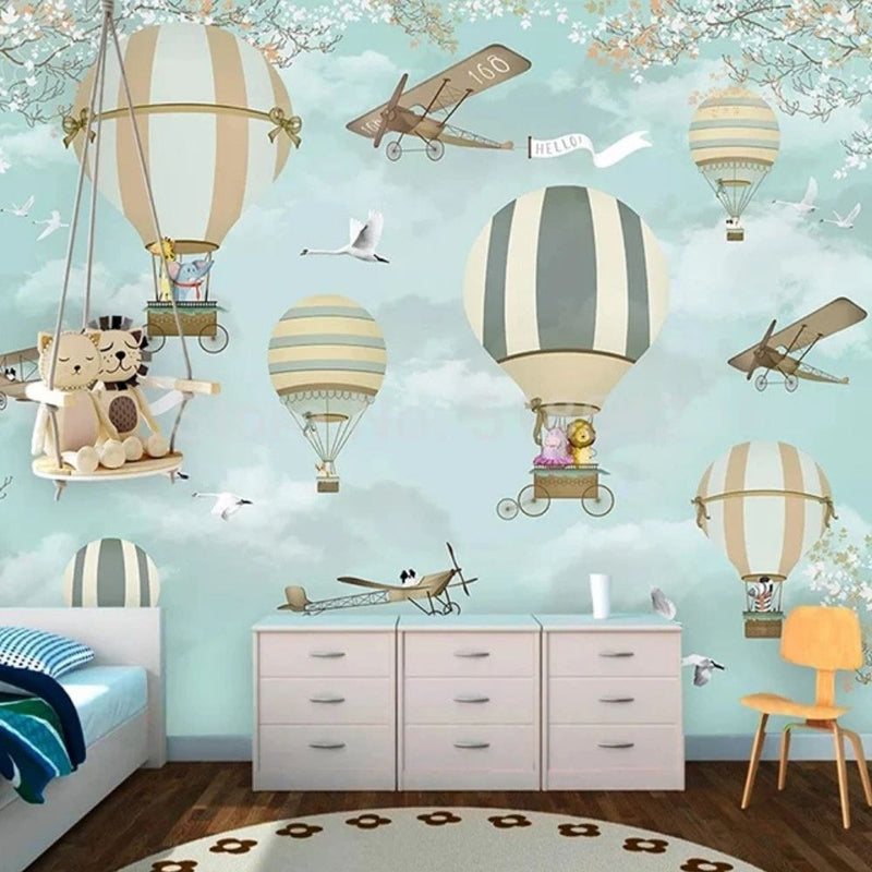 Papier peint tapisserie montgolfières et animaux pour enfant — intissé mat premium