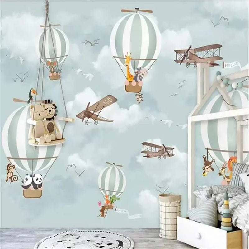 Papier peint tapisserie montgolfières et avions dans le ciel — intissé mat premium