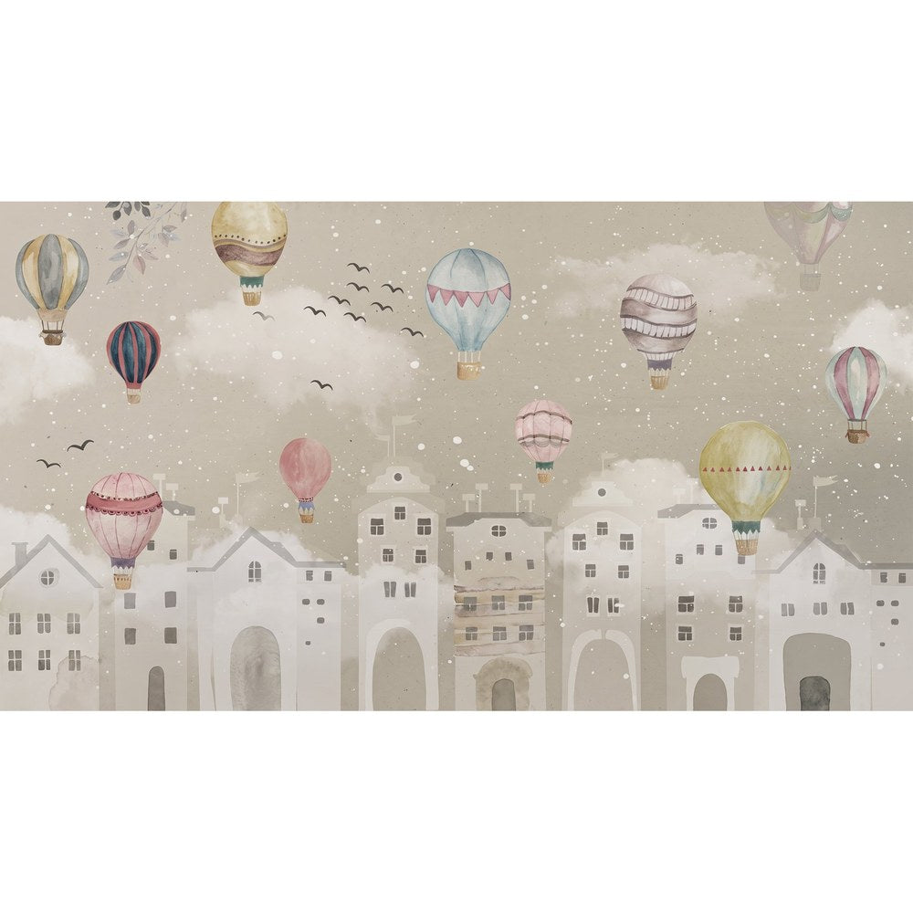 Papier peint tapisserie montgolfières beige et tons pastel - motif