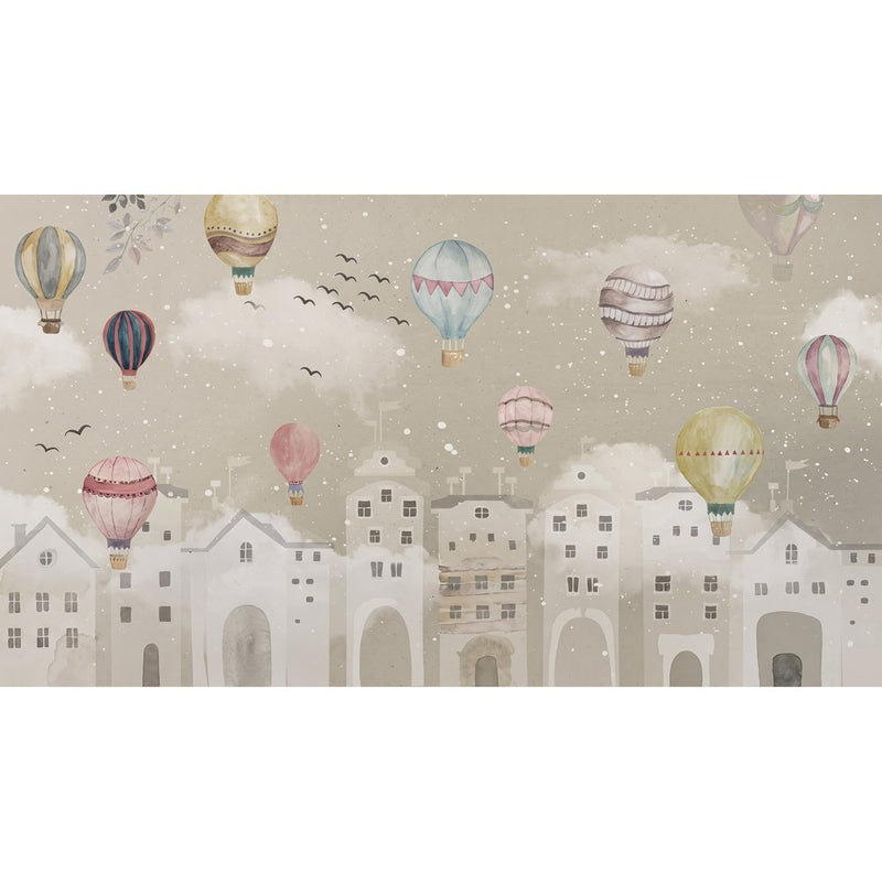 Papier peint tapisserie montgolfières beige et tons pastel — autocollant