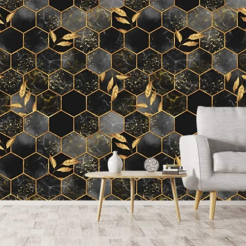 Papier peint tapisserie mosaïque noir et or nid d'abeille — intissé mat premium
