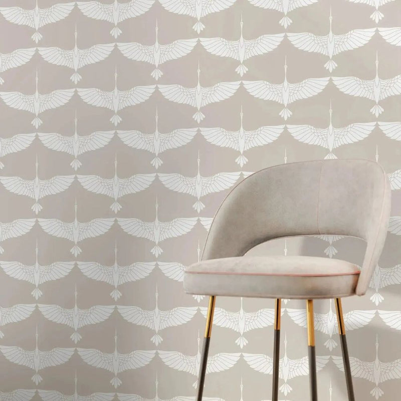 Papier peint tapisserie motif grues blanches linéaires — intissé mat premium