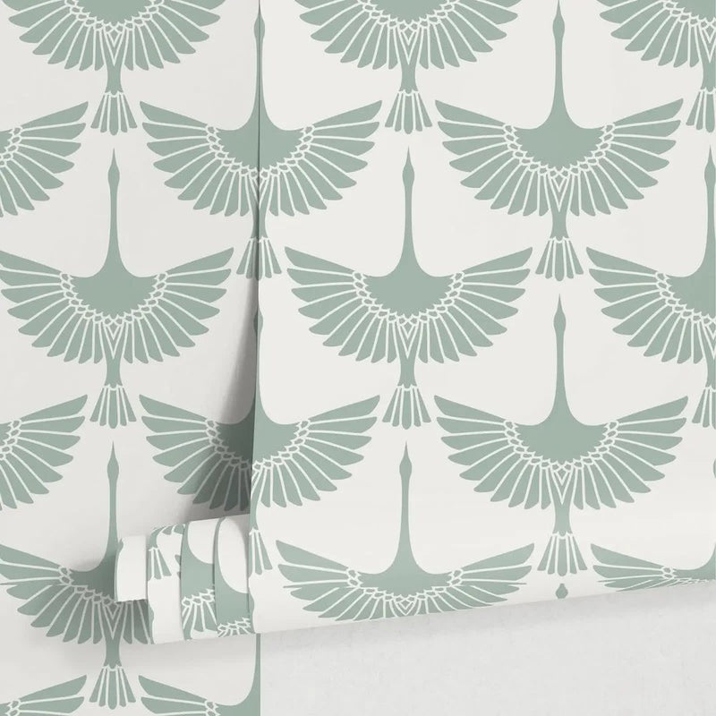 Papier peint tapisserie motif grues vert sauge — autocollant
