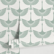 Papier peint tapisserie motif grues vert sauge - Papierpeint - panoramique.fr