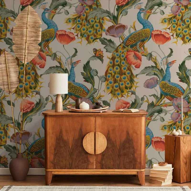 Papier peint tapisserie motif paons multicolores — intissé mat premium