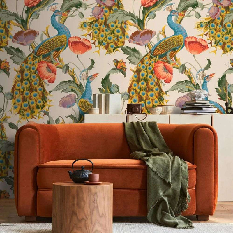 Papier peint tapisserie motif paons multicolores — autocollant