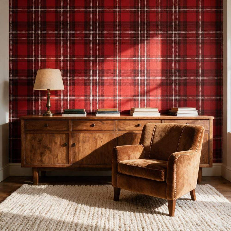 Papier peint tapisserie motif tartan écossais rouge — intissé mat premium
