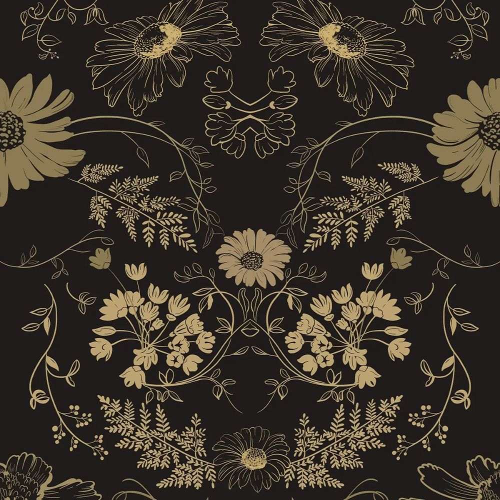 Papier peint tapisserie noir et or floral pour chambre - motif