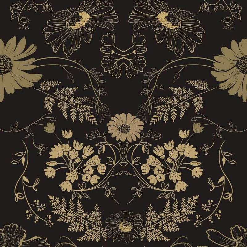Papier peint tapisserie noir et or floral pour chambre — autocollant