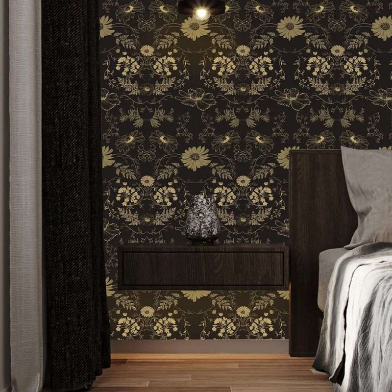 Papier peint tapisserie noir et or floral pour chambre — intissé mat premium