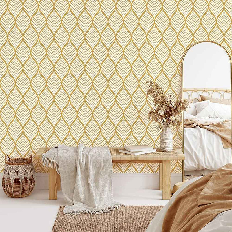 Papier peint tapisserie palmes anciennes jaune rétro — intissé mat premium