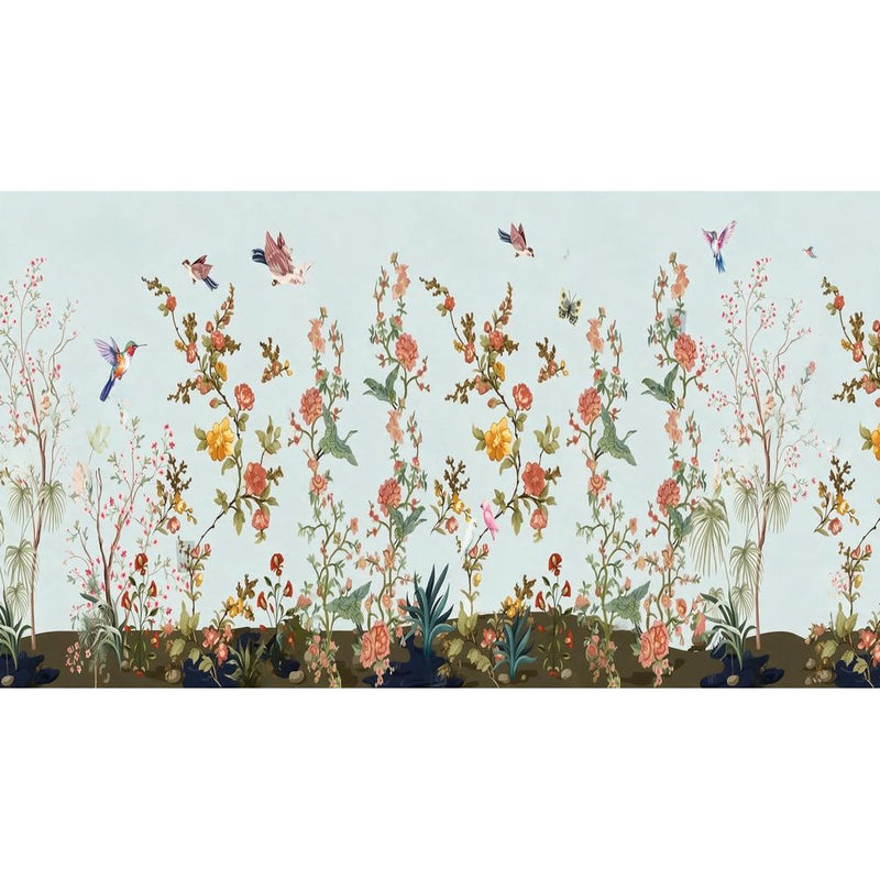 Papier peint tapisserie panoramique colibris et parterre de fleurs — autocollant