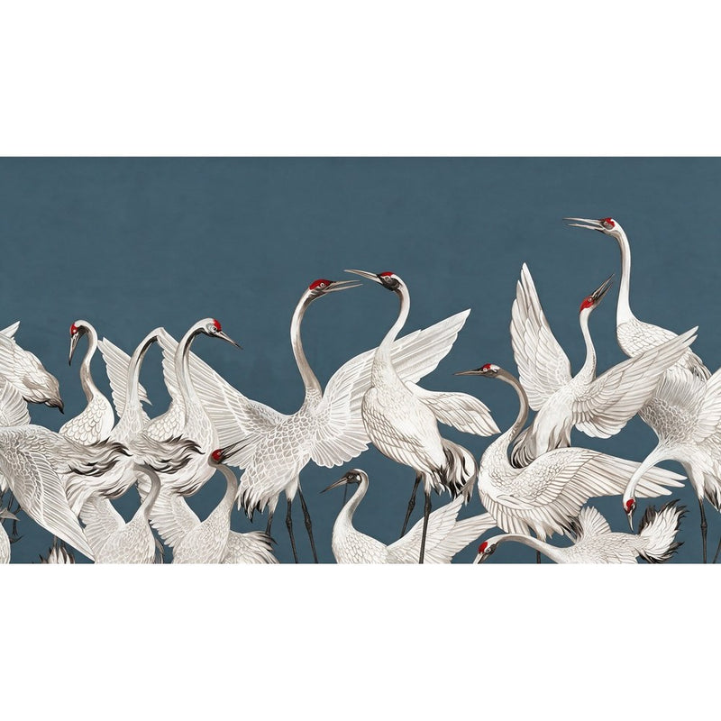 Papier peint tapisserie panoramique grandes grues fond bleu — autocollant