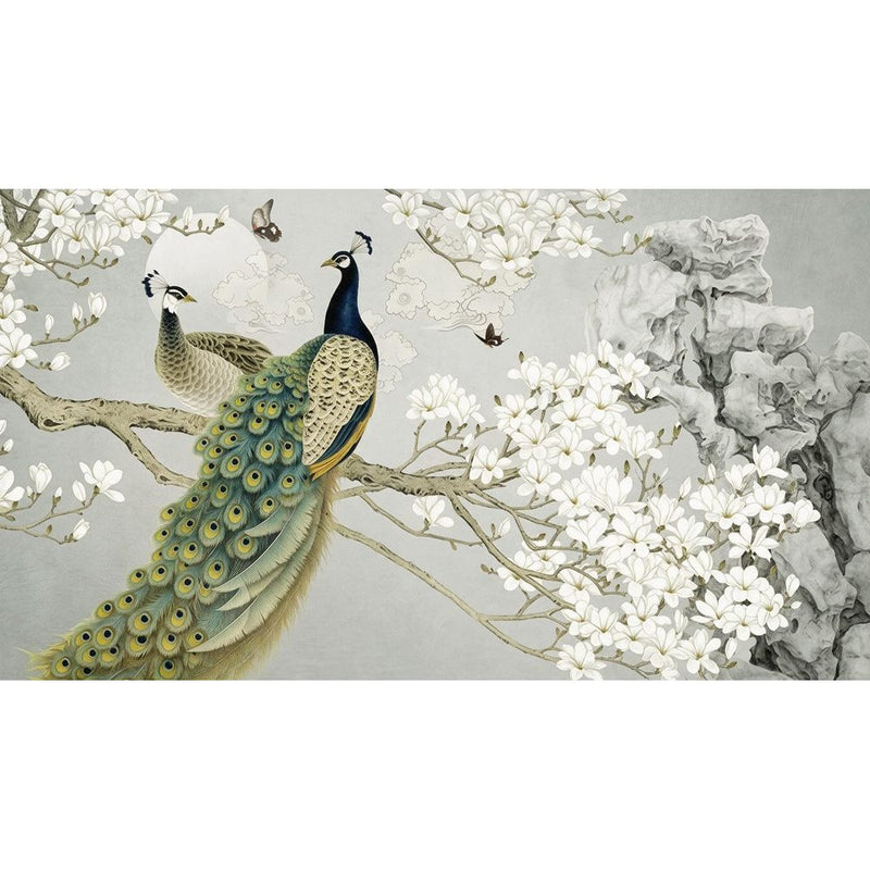 Papier peint tapisserie panoramique paons sur branche — autocollant