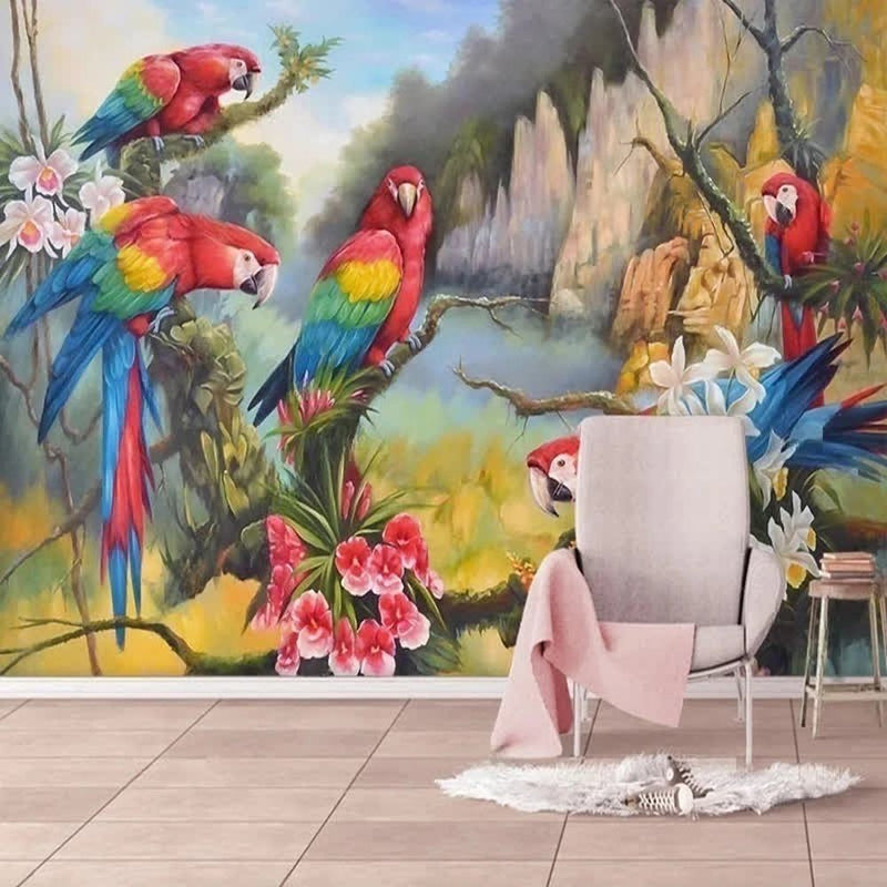 Papier peint tapisserie panoramique perroquets multicolores — intissé mat premium