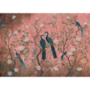 Papier peint tapisserie paon bleu sur fond rose - Papierpeint - panoramique.fr