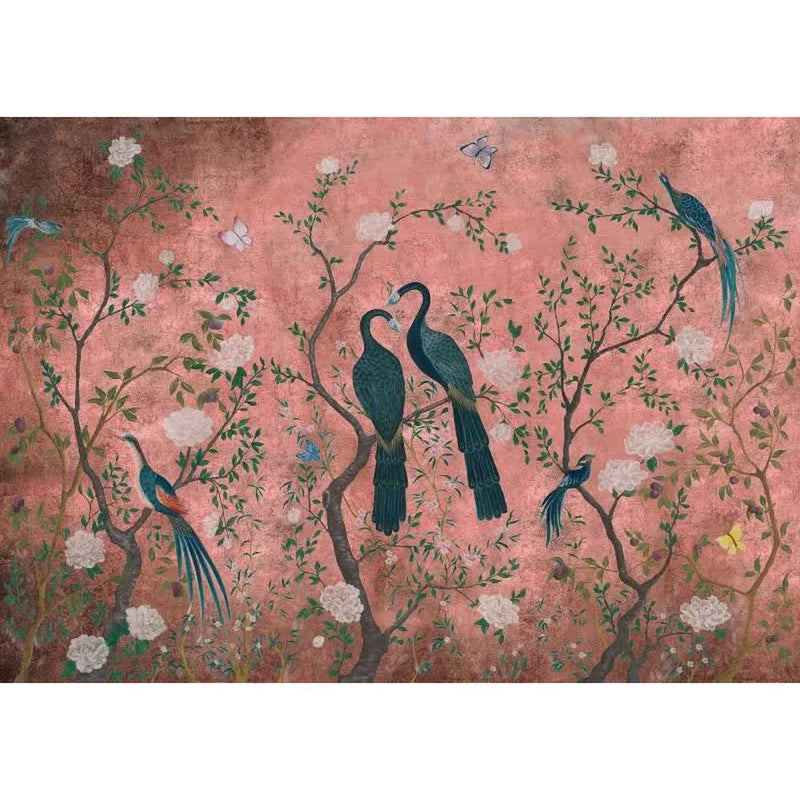 Papier peint tapisserie paon bleu sur fond rose — autocollant