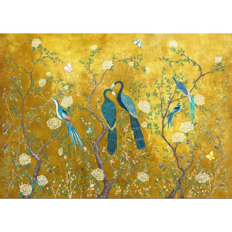 Papier peint tapisserie paon sur fond doré — autocollant