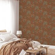 Papier peint tapisserie paon sur fond terracotta - Papierpeint - panoramique.fr