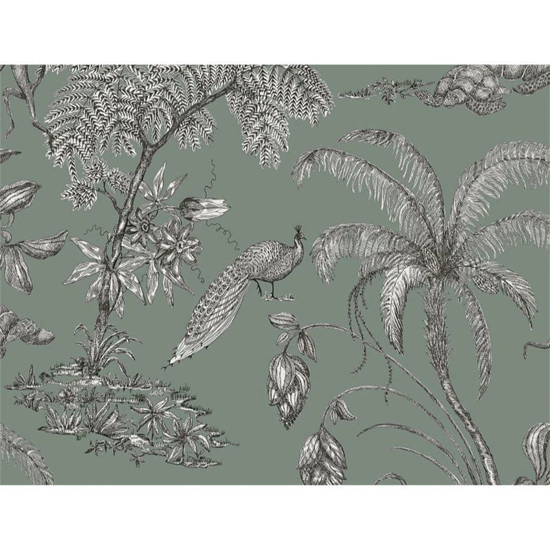 Papier peint tapisserie paons et palmiers vert sauge — autocollant