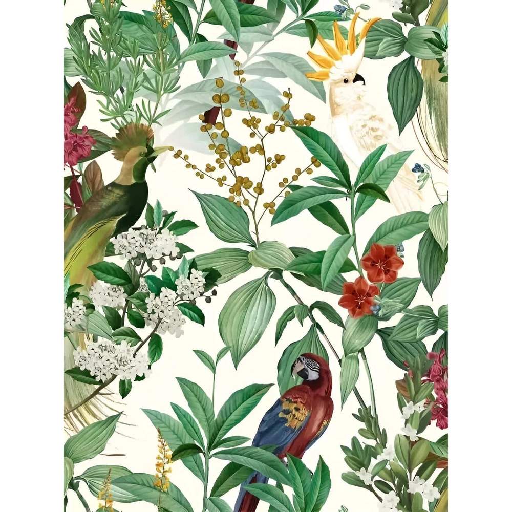 Papier peint tapisserie perroquets sur fond blanc lumineux - motif