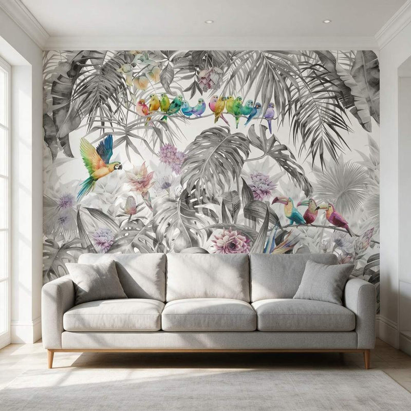 Papier peint tapisserie perroquets noir et blanc contrasté — intissé mat premium