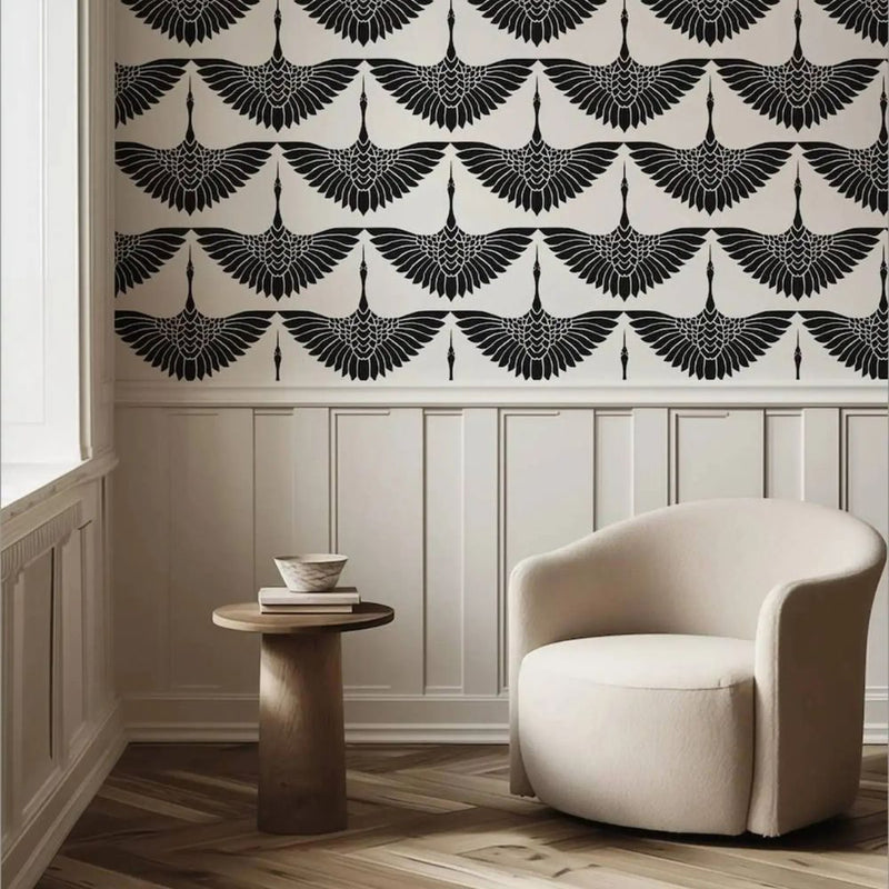 Papier peint tapisserie petits paons noirs géométriques — intissé mat premium