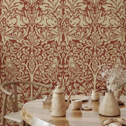 Papier peint tapisserie style William Morris rouge - Papierpeint - panoramique.fr