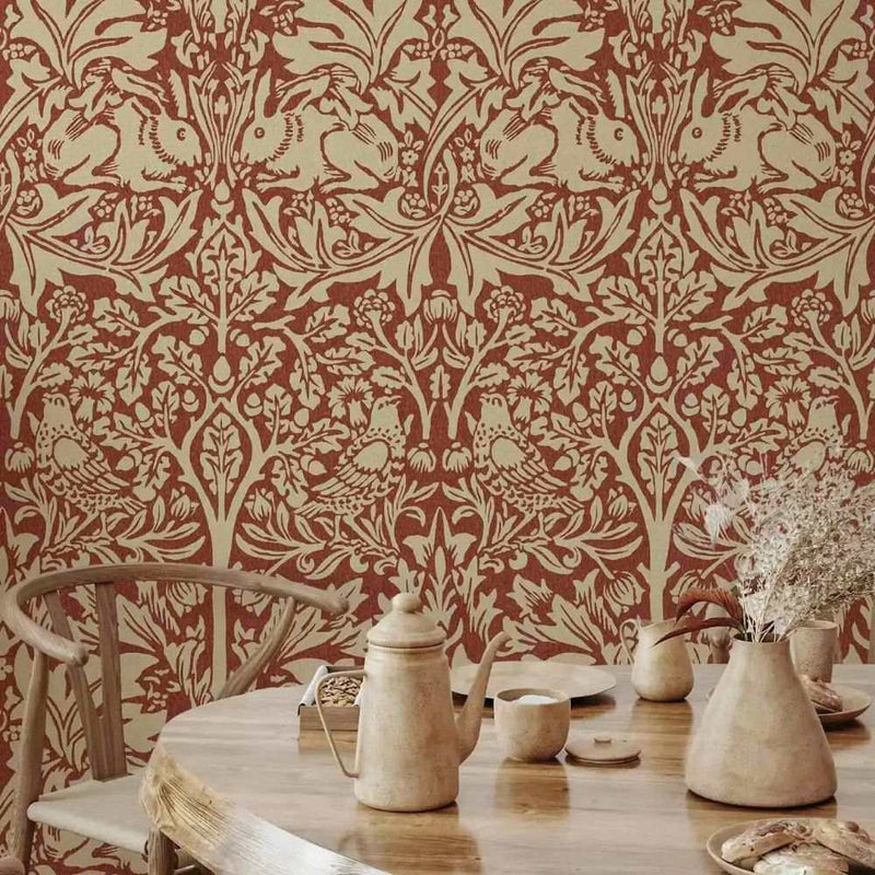 Papier peint tapisserie style William Morris rouge — intissé mat premium
