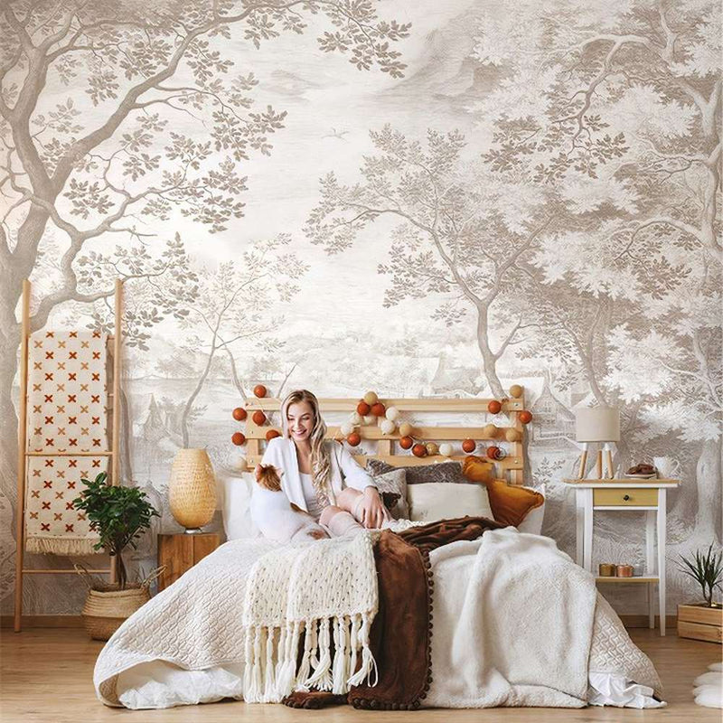 Papier peint tapisserie toile de Jouy arbres gravés — intissé mat premium