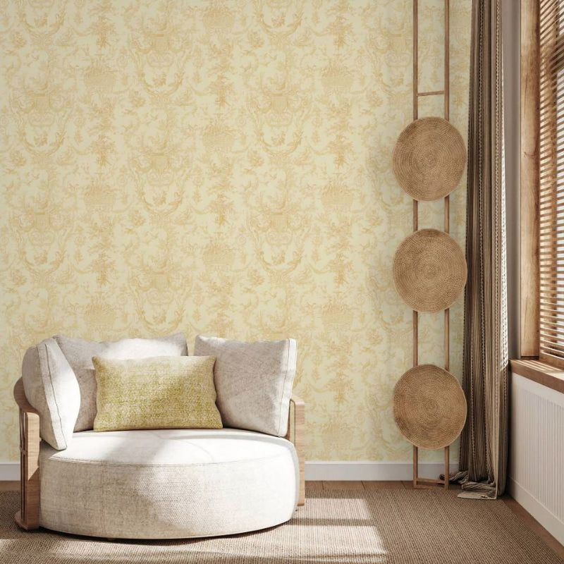Papier peint tapisserie toile de Jouy jaune — intissé mat premium