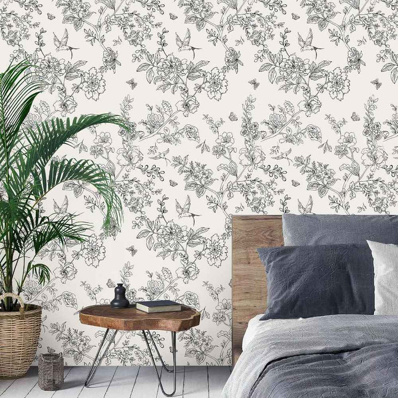 Papier peint tapisserie toile de Jouy petites fleurs — intissé mat premium