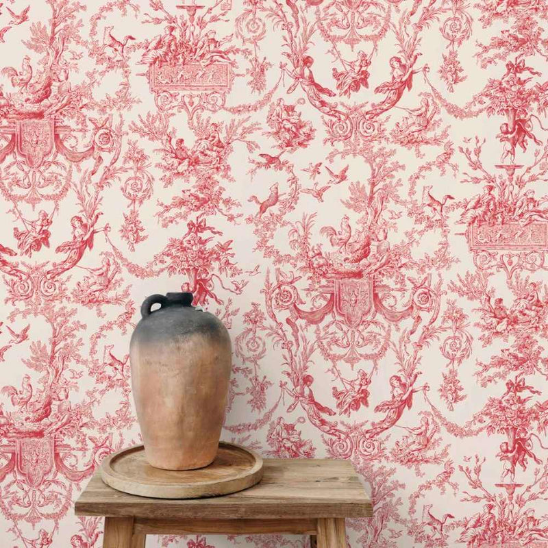 Papier peint tapisserie toile de Jouy rose — intissé mat premium