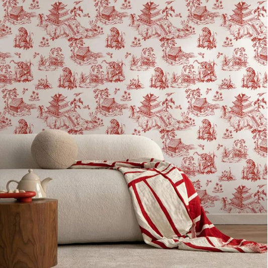 Papier peint tapisserie toile de Jouy rouge - Papierpeint - panoramique.fr