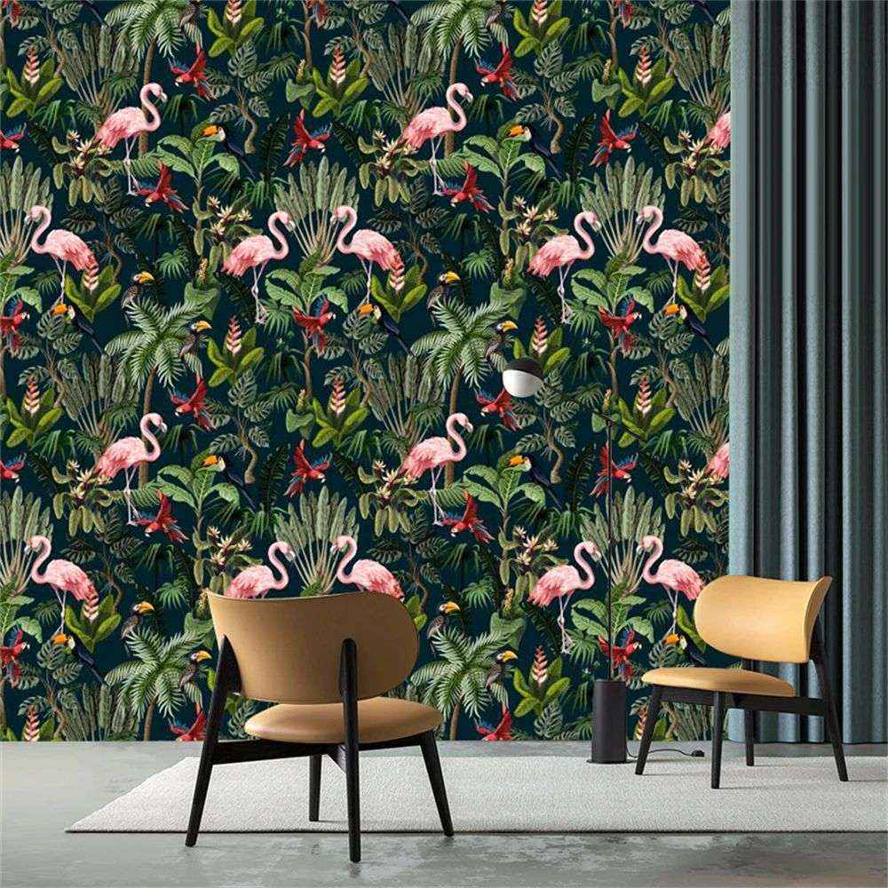 Papier peint tapisserie tropical flamant rose et palmes vertes - Papierpeint - panoramique.fr