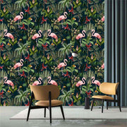 Papier peint tapisserie tropical flamant rose et palmes vertes - Papierpeint - panoramique.fr