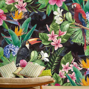 Papier peint tapisserie tropical perroquets et feuilles vertes - Papierpeint - panoramique.fr