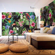Papier peint tapisserie tropical perroquets et feuilles vertes - Papierpeint - panoramique.fr